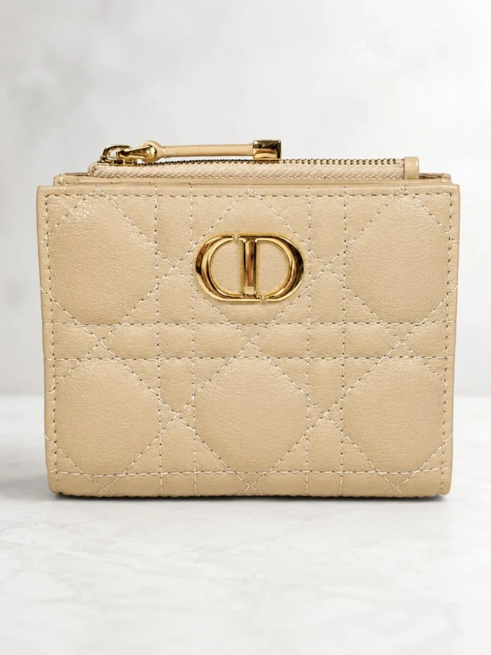 Christian Dior Beige Cannage Quilted Leather Compact Wallet - New
